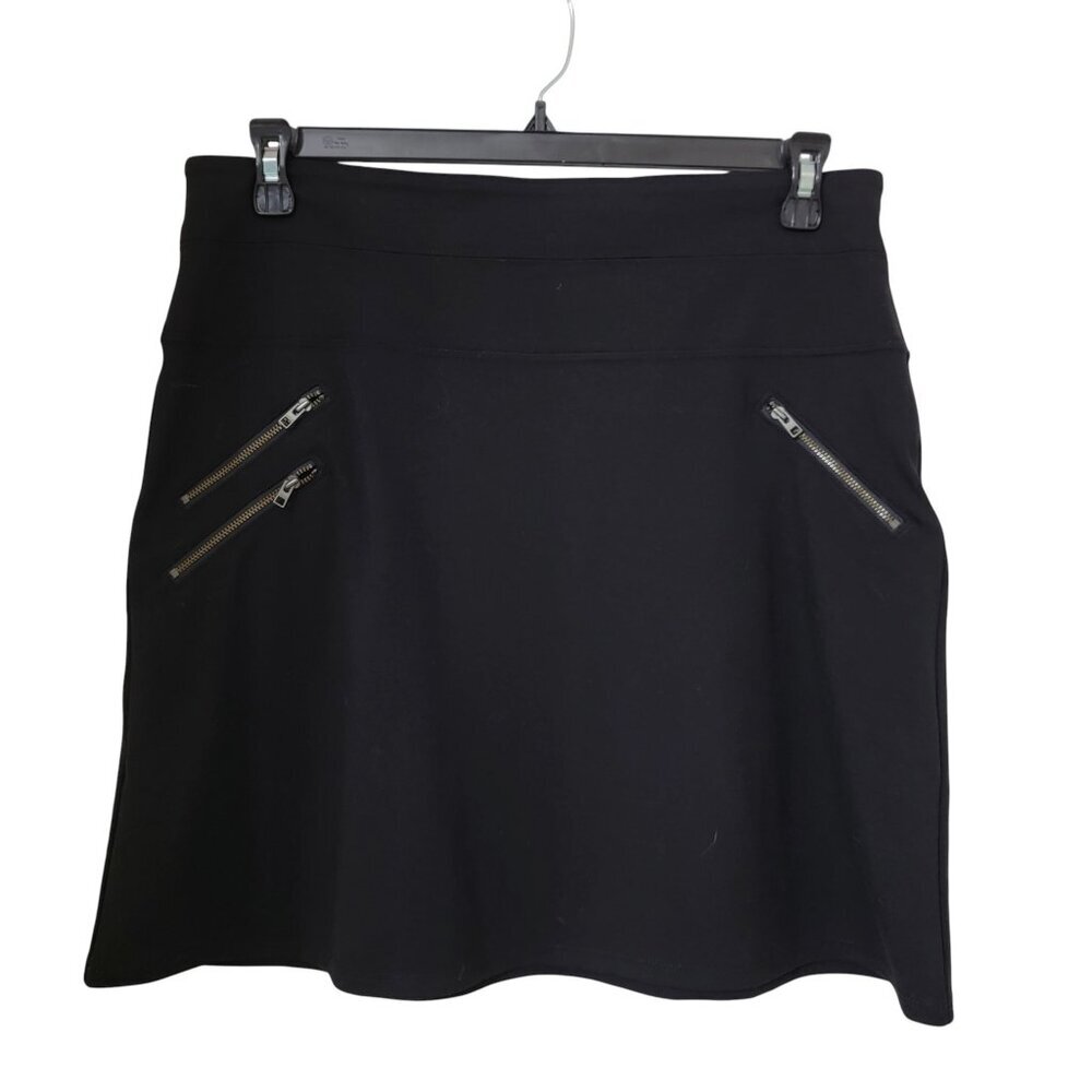 ATHLETA Size 12 Black Ponte Moto Skirt with Zipper Pockets, Excellent Used Cond.